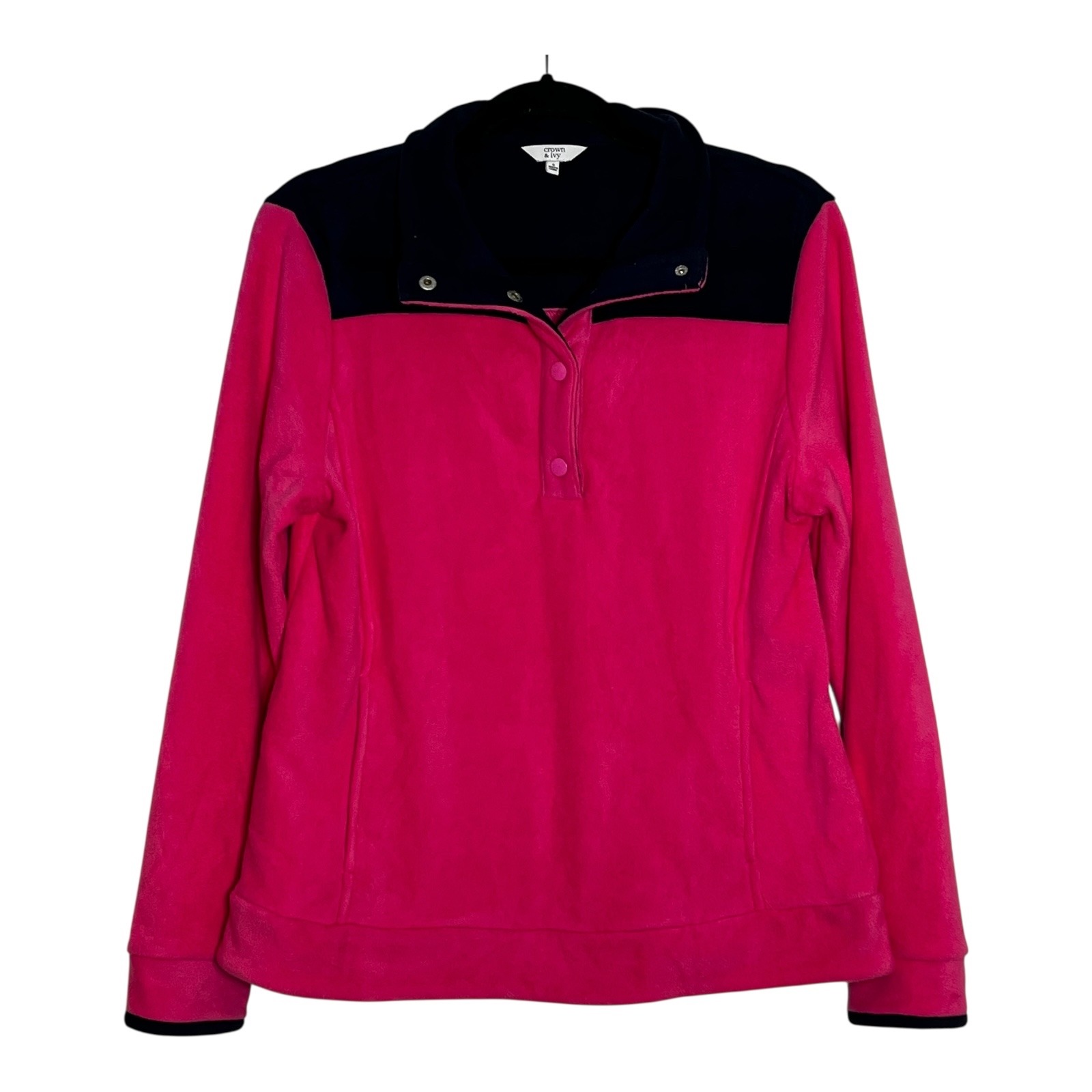 Crown & Ivy Womens Pink Navy Blue Colorblock Fleece Snap Mock Neck Pullover S